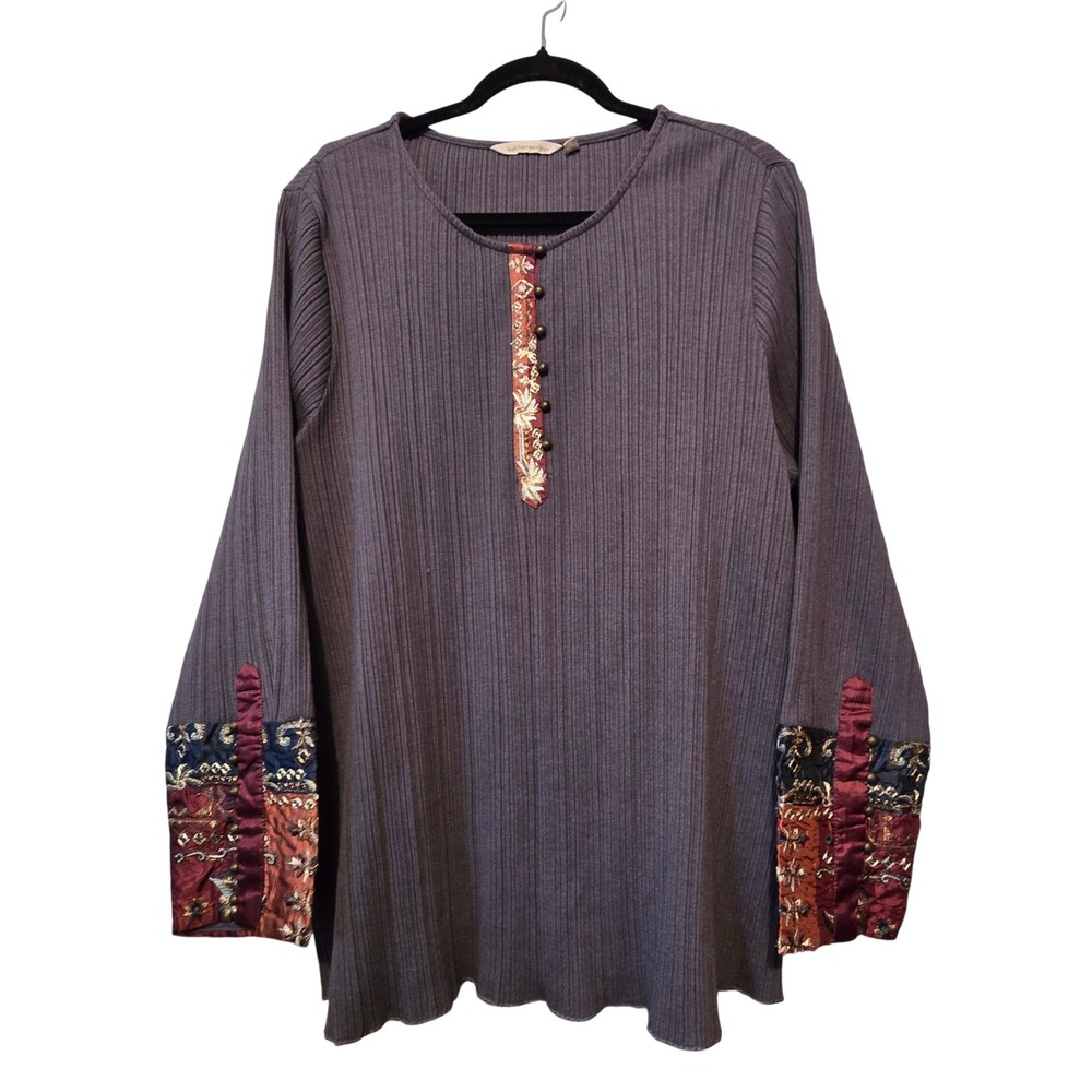 Soft Surroundings Ribbed Embroidered Tunic Top Womens‎ 1X Gray Patchwork Boho